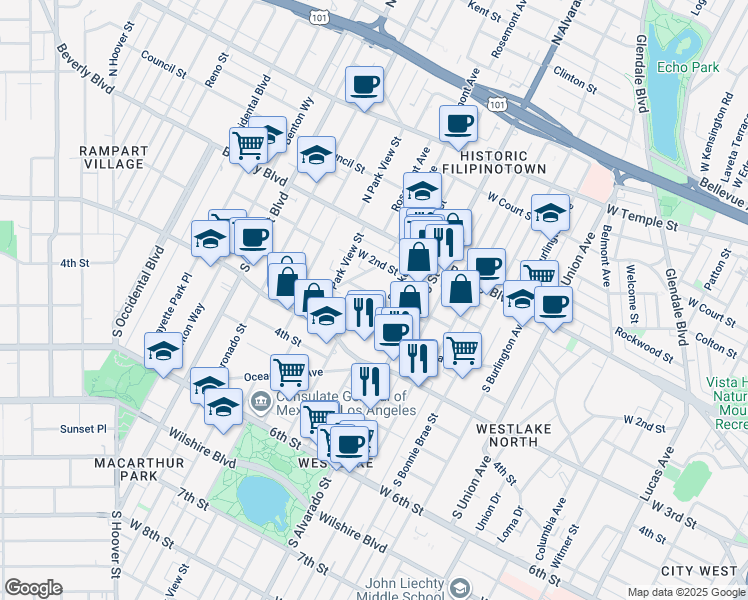 map of restaurants, bars, coffee shops, grocery stores, and more near 265 South Lake Street in Los Angeles