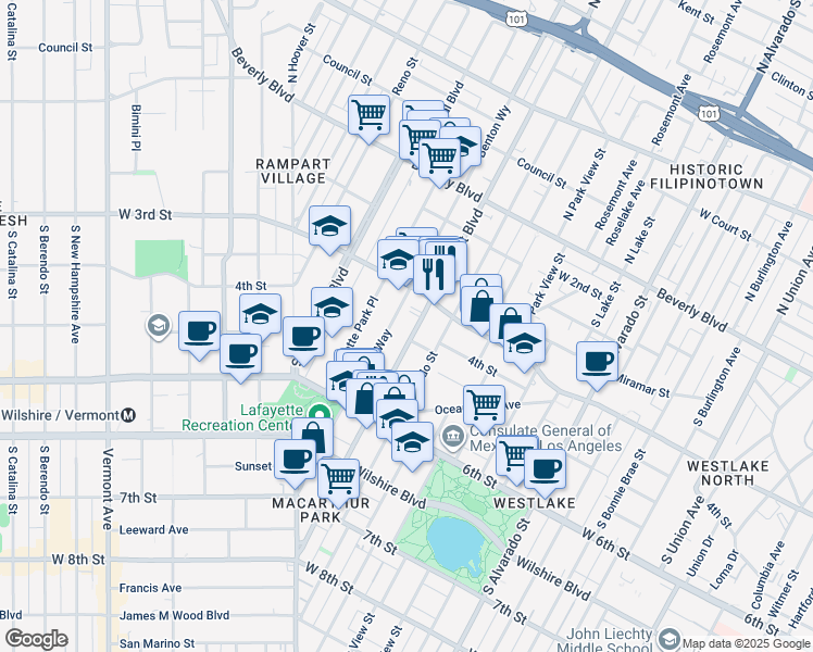 map of restaurants, bars, coffee shops, grocery stores, and more near 336 South Rampart Boulevard in Los Angeles