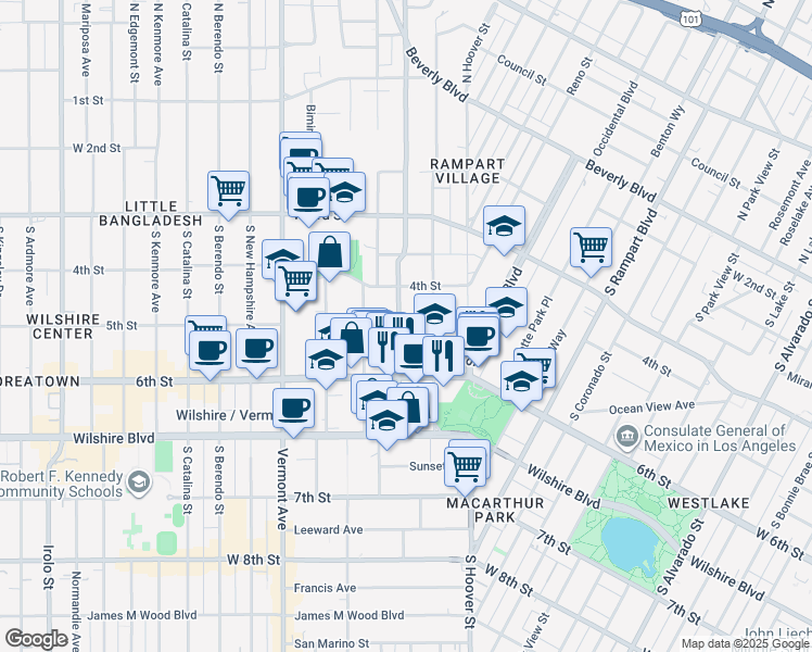 map of restaurants, bars, coffee shops, grocery stores, and more near 500 South Virgil Avenue in Los Angeles