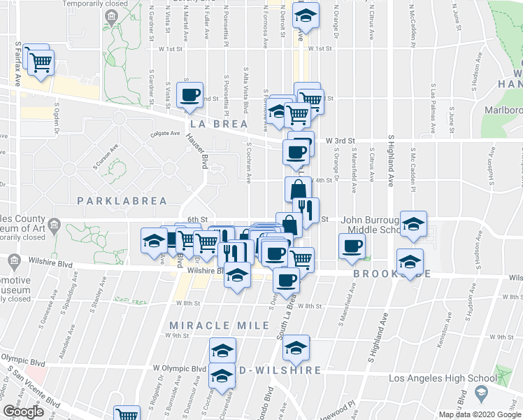 map of restaurants, bars, coffee shops, grocery stores, and more near 5525 West 6th Street in Los Angeles