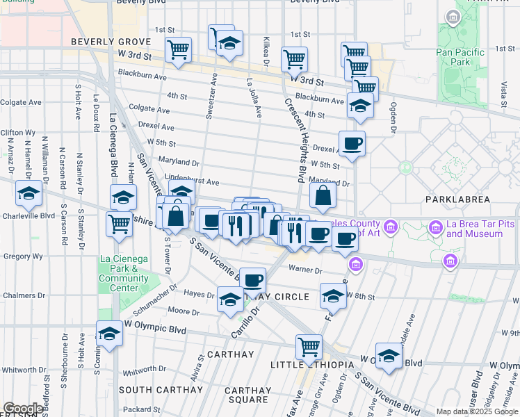 map of restaurants, bars, coffee shops, grocery stores, and more near 622 South La Jolla Avenue in Los Angeles