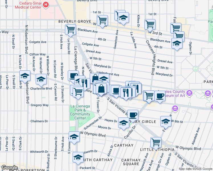 map of restaurants, bars, coffee shops, grocery stores, and more near 6526 Orange Street in Los Angeles