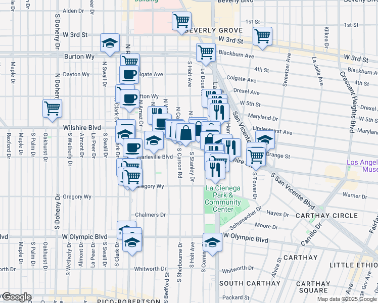 map of restaurants, bars, coffee shops, grocery stores, and more near in Beverly Hills