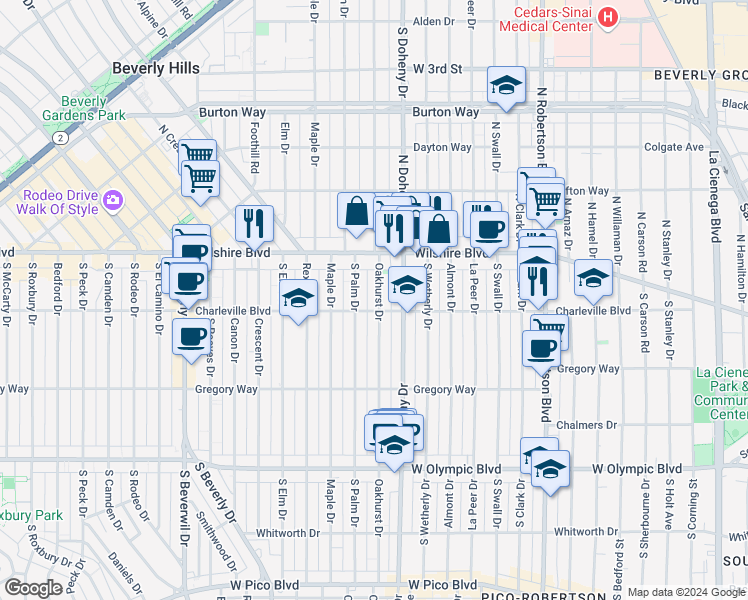 map of restaurants, bars, coffee shops, grocery stores, and more near 200 South Oakhurst Drive in Beverly Hills