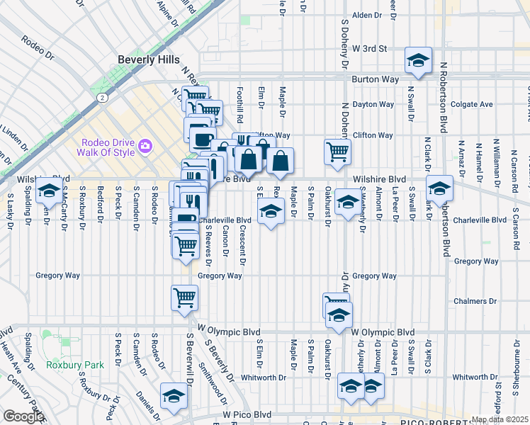 map of restaurants, bars, coffee shops, grocery stores, and more near 159 South Elm Drive in Beverly Hills