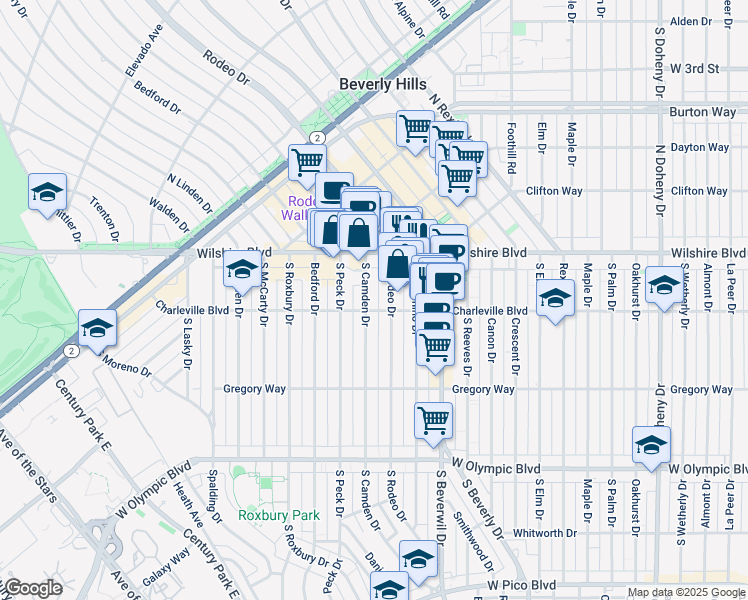 map of restaurants, bars, coffee shops, grocery stores, and more near 153 South Camden Drive in Beverly Hills