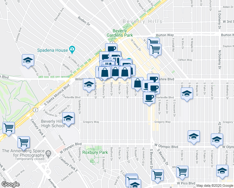 map of restaurants, bars, coffee shops, grocery stores, and more near 200 South Bedford Drive in Beverly Hills