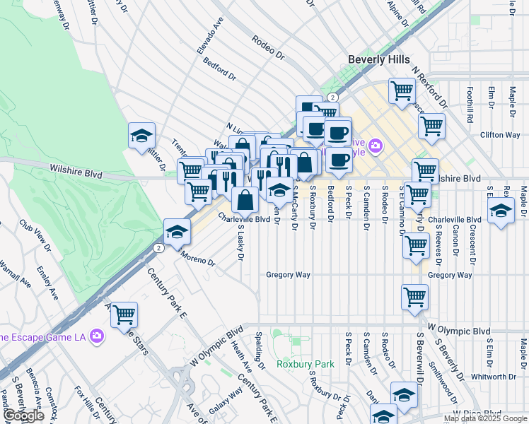 map of restaurants, bars, coffee shops, grocery stores, and more near 9758 Charleville Boulevard in Beverly Hills