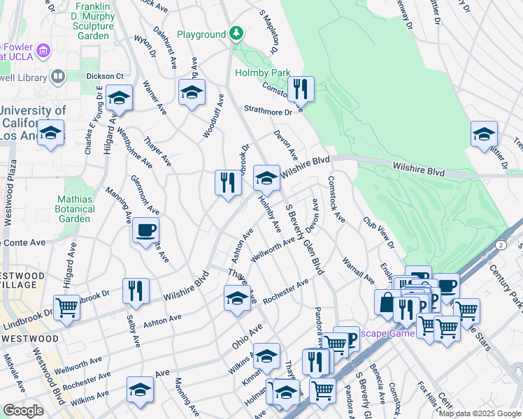 map of restaurants, bars, coffee shops, grocery stores, and more near 10442 Ashton Avenue in Los Angeles