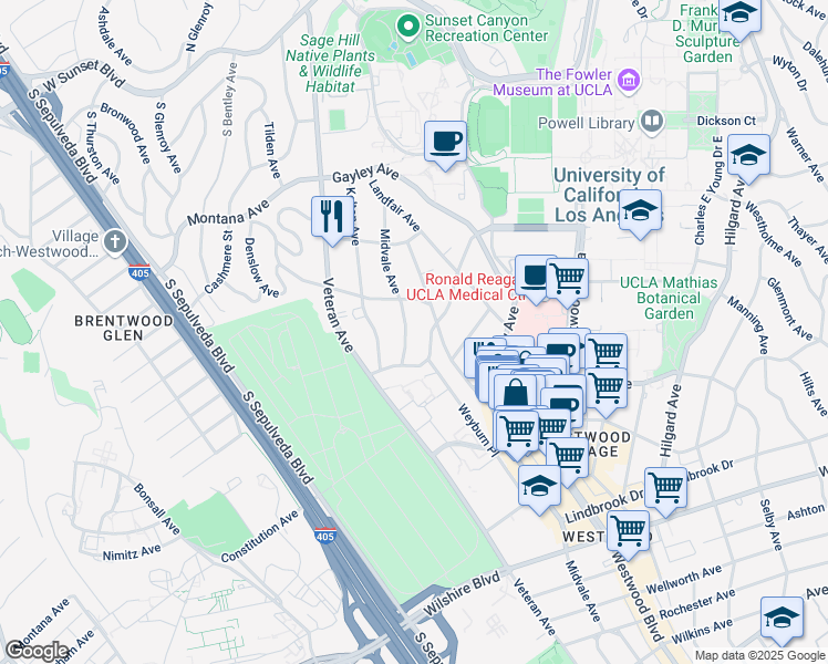 map of restaurants, bars, coffee shops, grocery stores, and more near 649 1/2 Midvale Avenue in Los Angeles