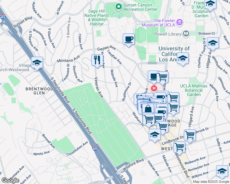 map of restaurants, bars, coffee shops, grocery stores, and more near 649 1/2 Midvale Avenue in Los Angeles