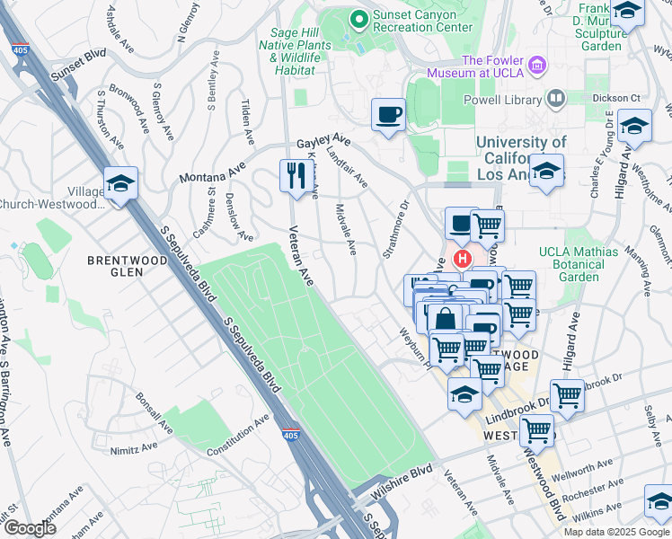 map of restaurants, bars, coffee shops, grocery stores, and more near 649 1/2 Midvale Avenue in Los Angeles