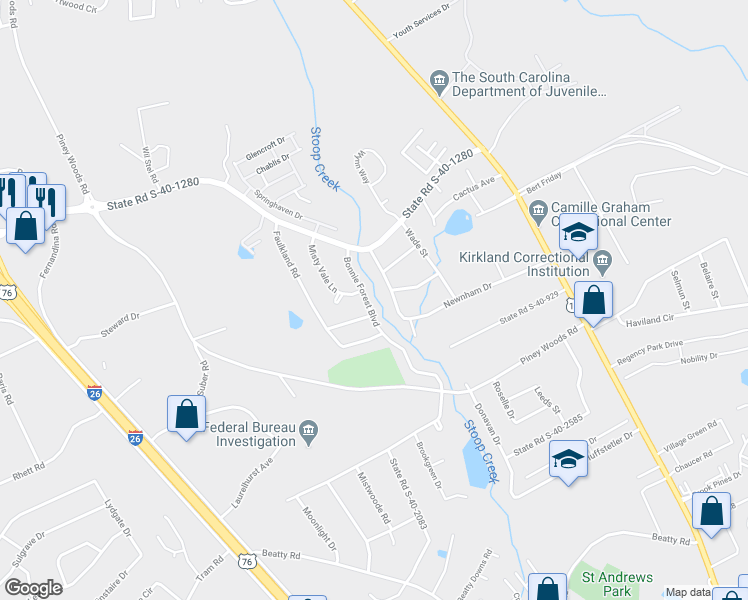 map of restaurants, bars, coffee shops, grocery stores, and more near 4612 Bonnie Forest Boulevard in Columbia