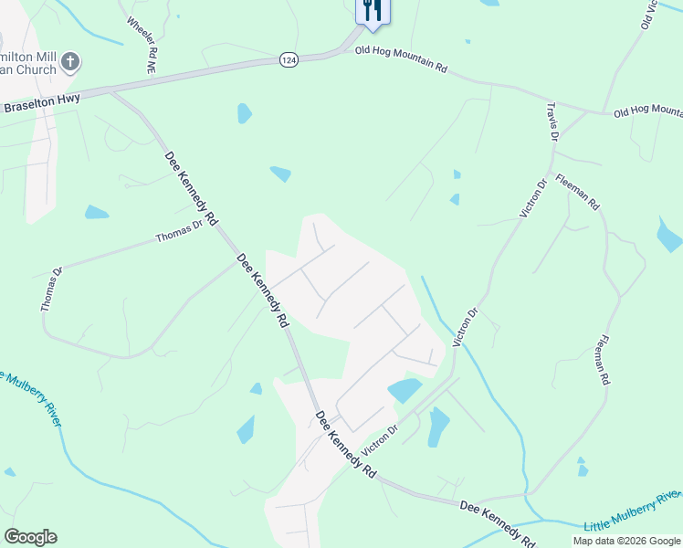 map of restaurants, bars, coffee shops, grocery stores, and more near 1014 Andover Drive in Hoschton