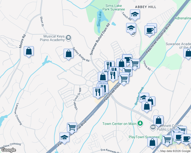 map of restaurants, bars, coffee shops, grocery stores, and more near 508 Village Arbor Park Northwest in Suwanee