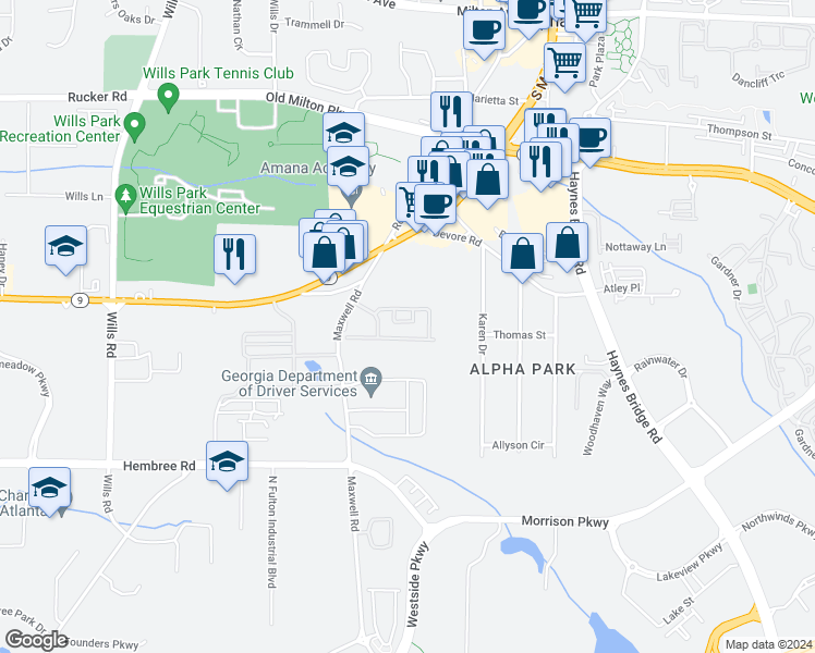 map of restaurants, bars, coffee shops, grocery stores, and more near 1310 Kilmington Court in Alpharetta