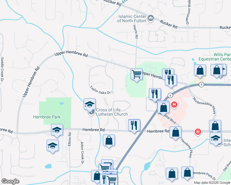 map of restaurants, bars, coffee shops, grocery stores, and more near 1160 Taylor Oaks Drive in Roswell