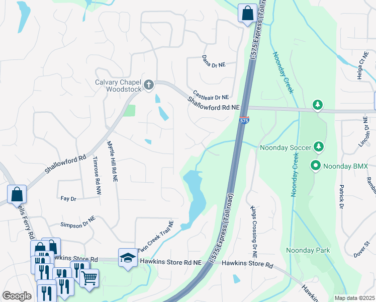 map of restaurants, bars, coffee shops, grocery stores, and more near Watkins Glen Drive Northeast in Cobb County