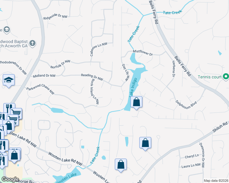 map of restaurants, bars, coffee shops, grocery stores, and more near 4798 Erie Court Northwest in Acworth