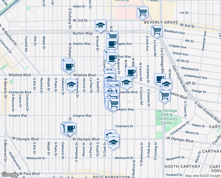 map of restaurants, bars, coffee shops, grocery stores, and more near 1566 South Clark Drive in Beverly Hills