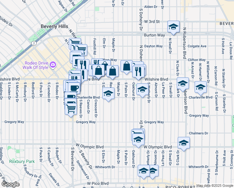 map of restaurants, bars, coffee shops, grocery stores, and more near 9246 Charleville Boulevard in Beverly Hills