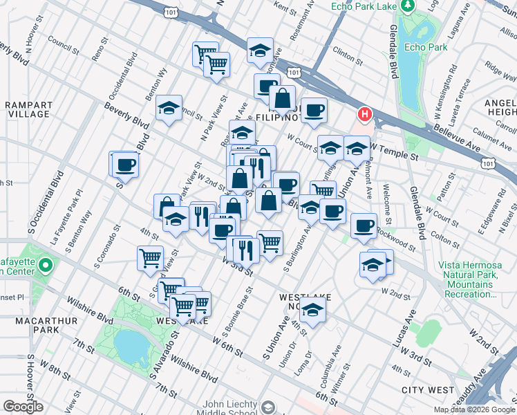 map of restaurants, bars, coffee shops, grocery stores, and more near 134 1/2 South Mountain View Avenue in Los Angeles