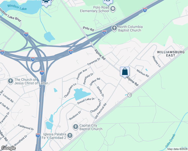 map of restaurants, bars, coffee shops, grocery stores, and more near 1928 Quaker Road in Columbia