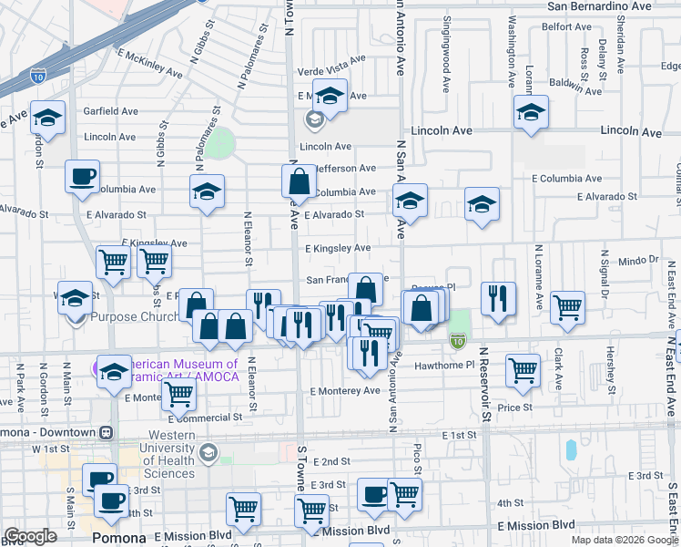 map of restaurants, bars, coffee shops, grocery stores, and more near 659 San Francisco Avenue in Pomona