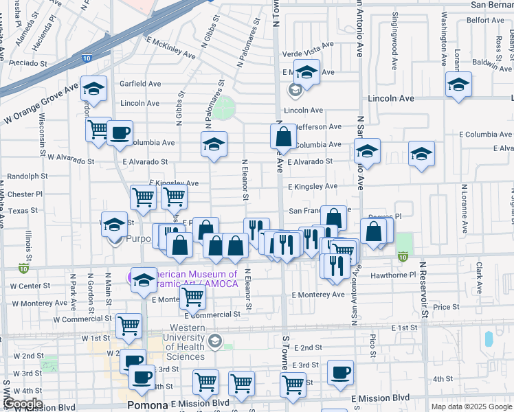 map of restaurants, bars, coffee shops, grocery stores, and more near 562 San Francisco Avenue in Pomona