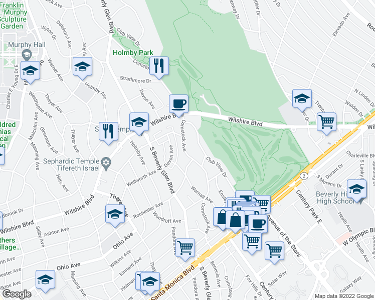 map of restaurants, bars, coffee shops, grocery stores, and more near 1338 Comstock Avenue in Los Angeles