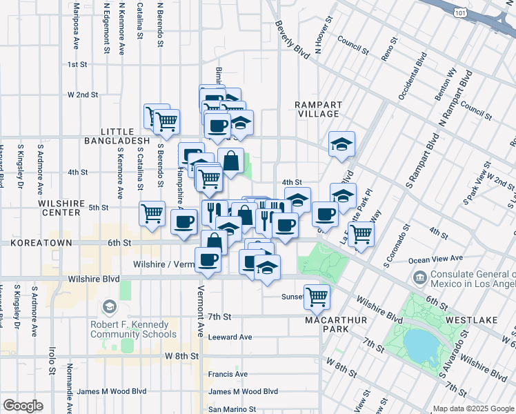 map of restaurants, bars, coffee shops, grocery stores, and more near 501 South Westmoreland Avenue in Los Angeles
