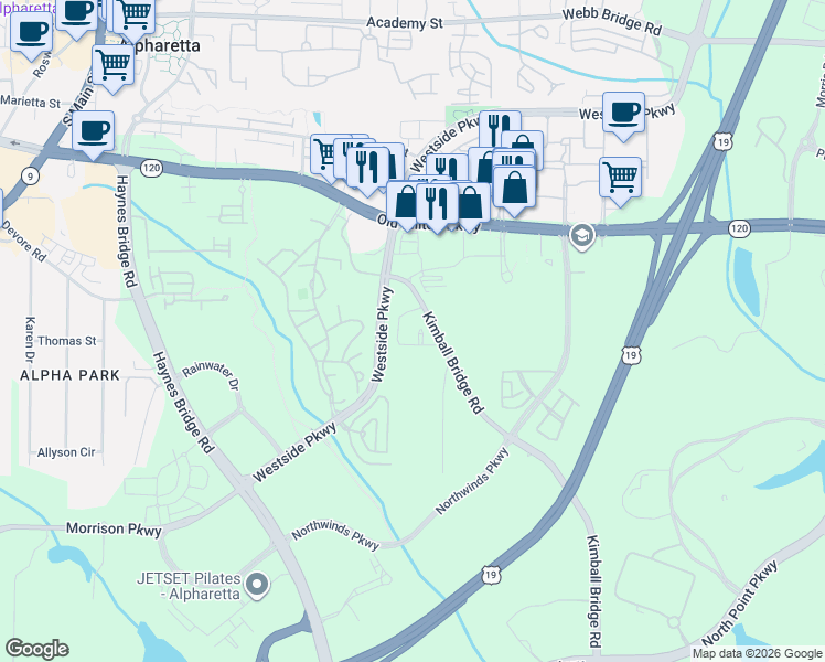 map of restaurants, bars, coffee shops, grocery stores, and more near 2620 Kentwood Lane in Alpharetta