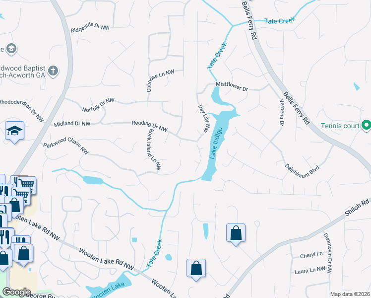 map of restaurants, bars, coffee shops, grocery stores, and more near 4798 Erie Court Northwest in Acworth