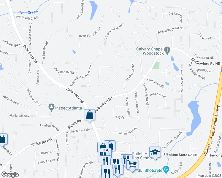 map of restaurants, bars, coffee shops, grocery stores, and more near 4657 North Springs Road Northwest in Kennesaw