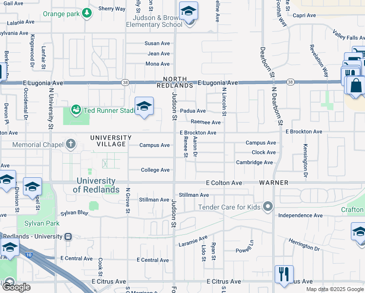 map of restaurants, bars, coffee shops, grocery stores, and more near 937 Renee Street in Redlands