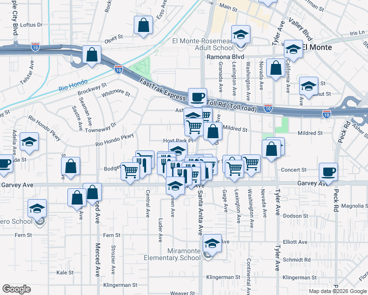 map of restaurants, bars, coffee shops, grocery stores, and more near 3141 Santa Anita Avenue in El Monte