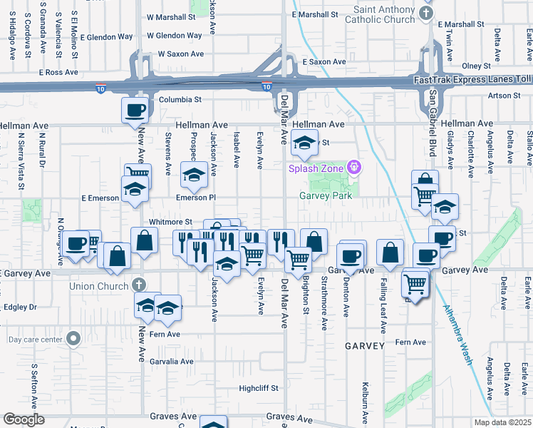 map of restaurants, bars, coffee shops, grocery stores, and more near 3116 Evelyn Avenue in Rosemead