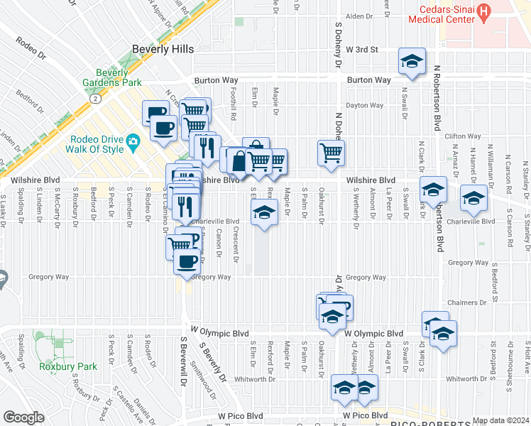 map of restaurants, bars, coffee shops, grocery stores, and more near 151 Rexford Drive in Beverly Hills
