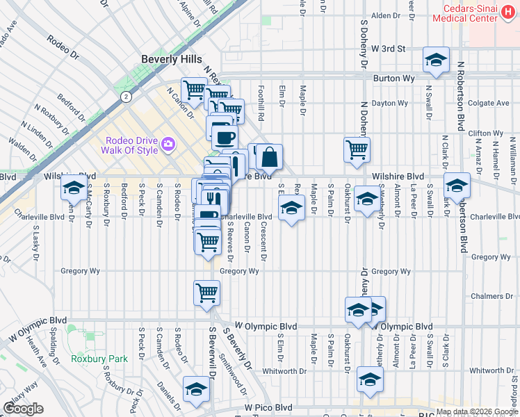 map of restaurants, bars, coffee shops, grocery stores, and more near 9379 Charleville Boulevard in Beverly Hills