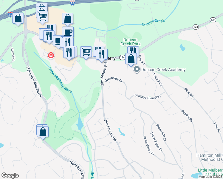 map of restaurants, bars, coffee shops, grocery stores, and more near 4149 Highglen Trace Northeast in Dacula