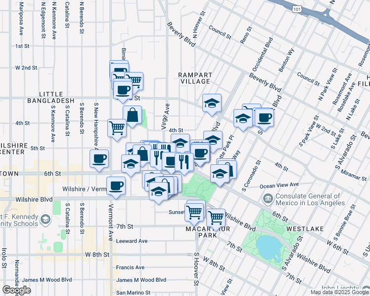 map of restaurants, bars, coffee shops, grocery stores, and more near 444 South Commonwealth Avenue in Los Angeles