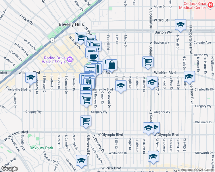 map of restaurants, bars, coffee shops, grocery stores, and more near 149 Crescent Drive in Beverly Hills
