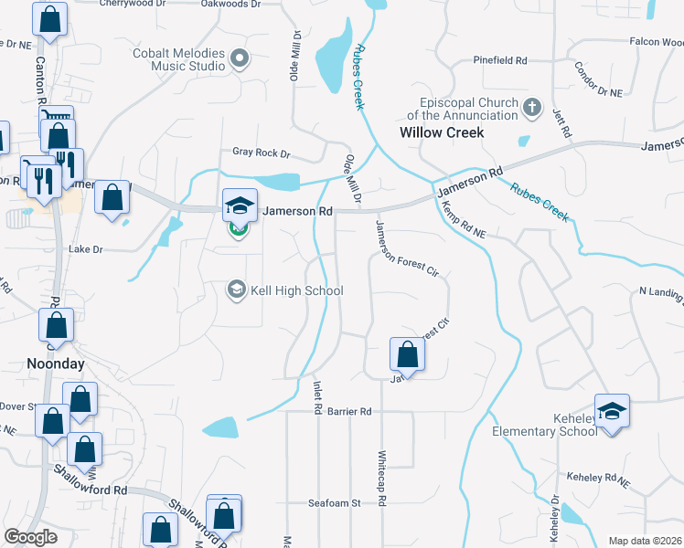 map of restaurants, bars, coffee shops, grocery stores, and more near 4716 Jamerson Forest Parkway in Marietta