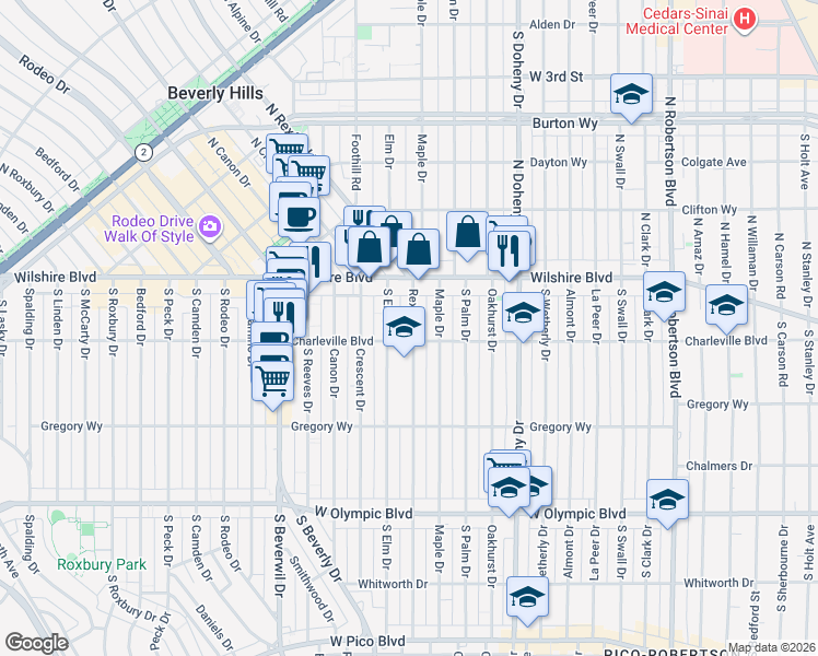 map of restaurants, bars, coffee shops, grocery stores, and more near 151 Rexford Drive in Beverly Hills