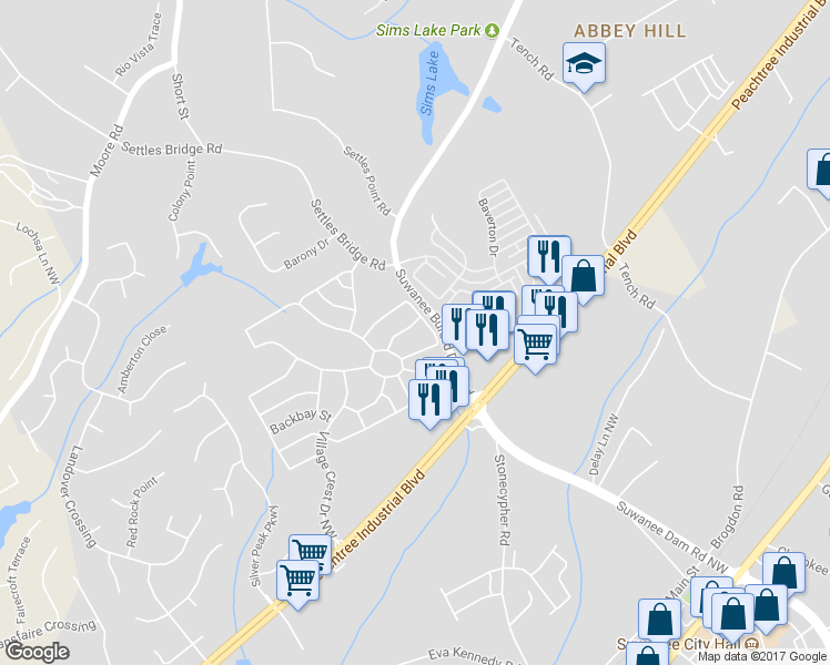 map of restaurants, bars, coffee shops, grocery stores, and more near 508 Village Arbor Park Northwest in Suwanee