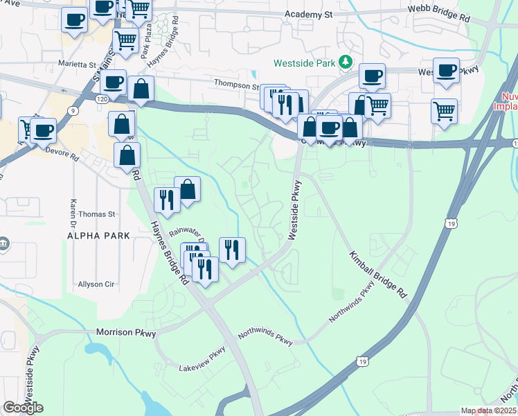 map of restaurants, bars, coffee shops, grocery stores, and more near Gardner Drive in Alpharetta