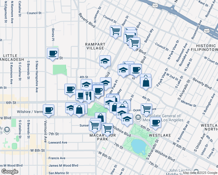 map of restaurants, bars, coffee shops, grocery stores, and more near 421 La Fayette Park Place in Los Angeles