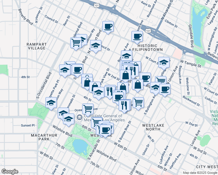 map of restaurants, bars, coffee shops, grocery stores, and more near 265 South Lake Street in Los Angeles