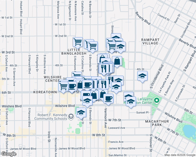 map of restaurants, bars, coffee shops, grocery stores, and more near 499 South New Hampshire Avenue in Los Angeles