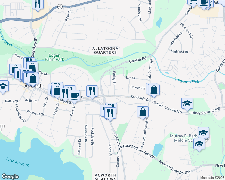 map of restaurants, bars, coffee shops, grocery stores, and more near 4565 Spring Street in Acworth